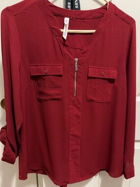 Collection B Burgundy Zip-Front Blouse